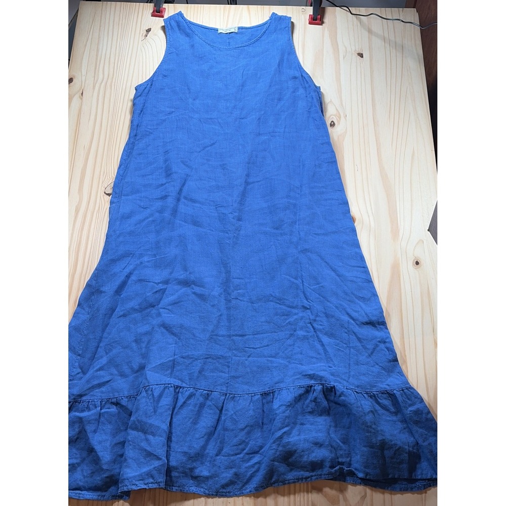 Terzo Millennio Dress Womens Medium Blue 100% Linen Ruffle Hem Lagenlook
